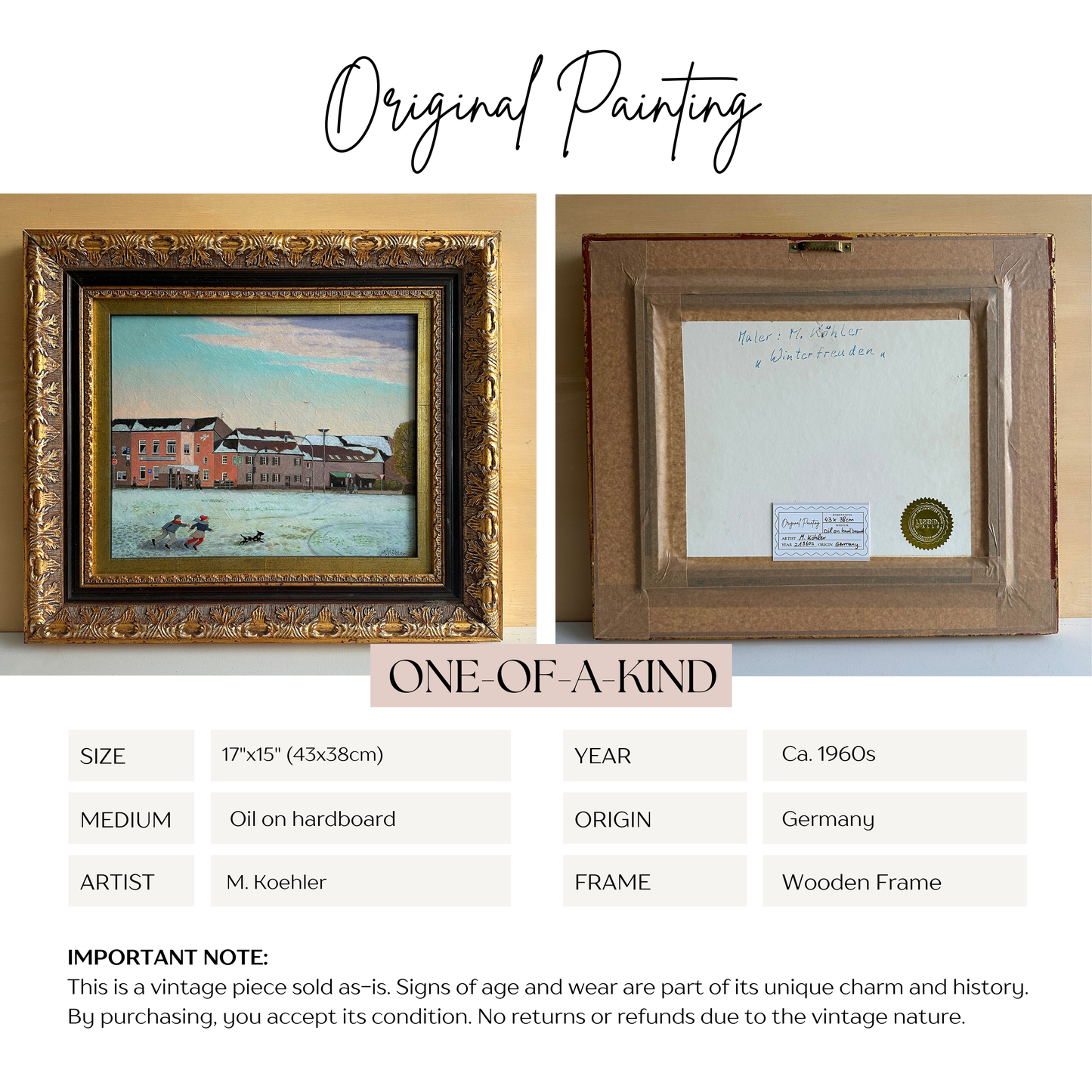 Vintage 1960s Framed Winter Town Landscape Painting - 17”×15”)