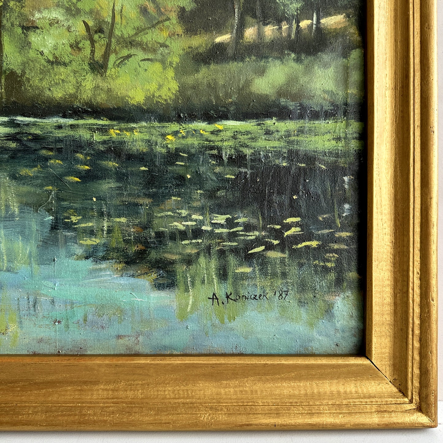 Vintage 1987 European Forrest Lake Oil Painting - 31.1"×23.2"