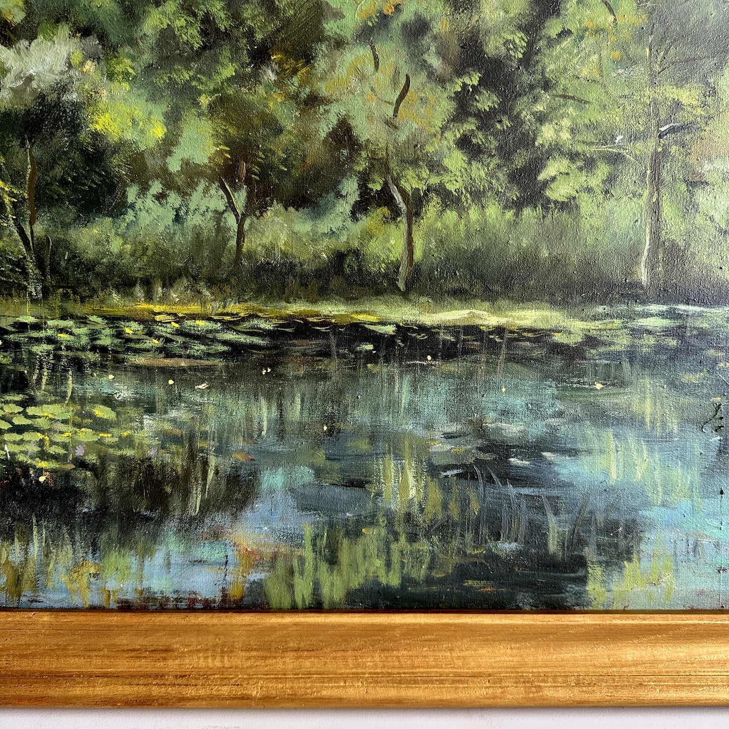 Vintage 1987 European Forrest Lake Oil Painting - 31.1"×23.2"
