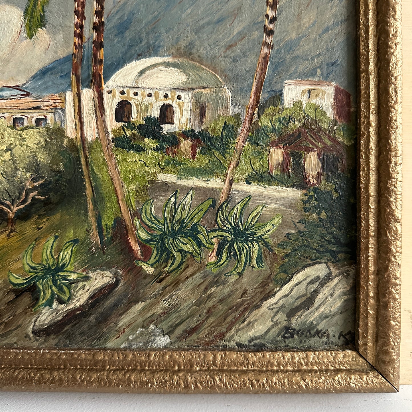 Vintage 1919 Mediterranean Landscape Oil Painting - 17.3"×13.4"