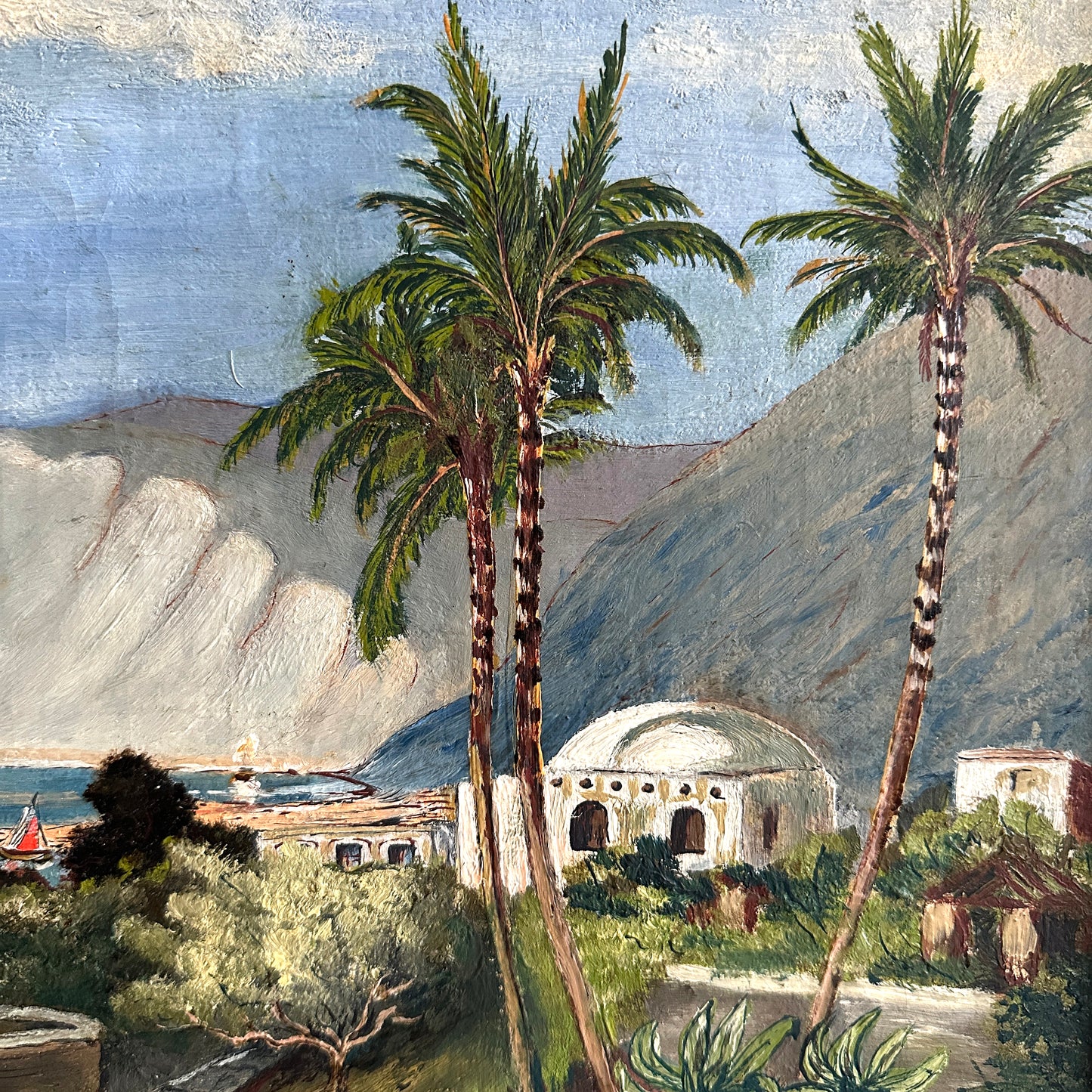 Vintage 1919 Mediterranean Landscape Oil Painting - 17.3"×13.4"