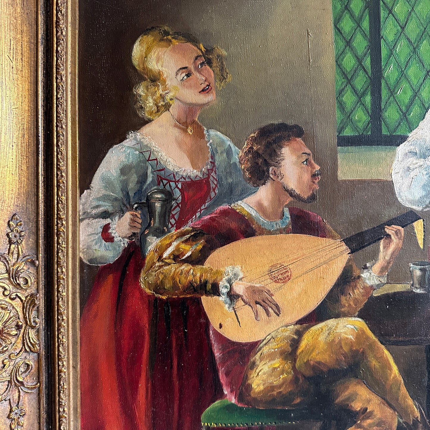 Vintage 1968 Renaissance-Style Musicians Oil Painting - 24.8" x 29"