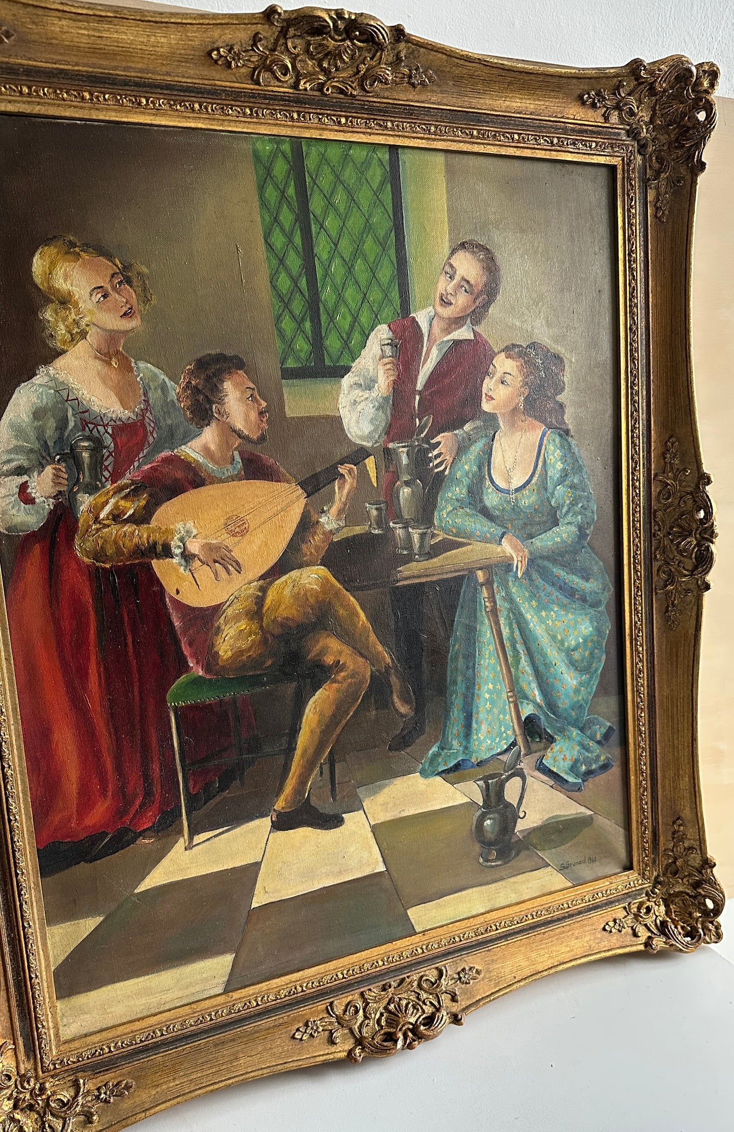 Vintage 1968 Renaissance-Style Musicians Oil Painting - 24.8" x 29"