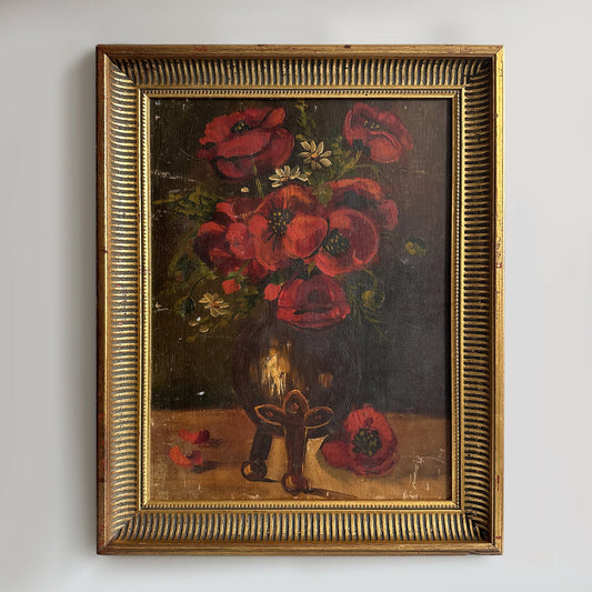 Vintage 1947 Double-Sided Italian Poppy Flower Oil Painting - 15"x19"