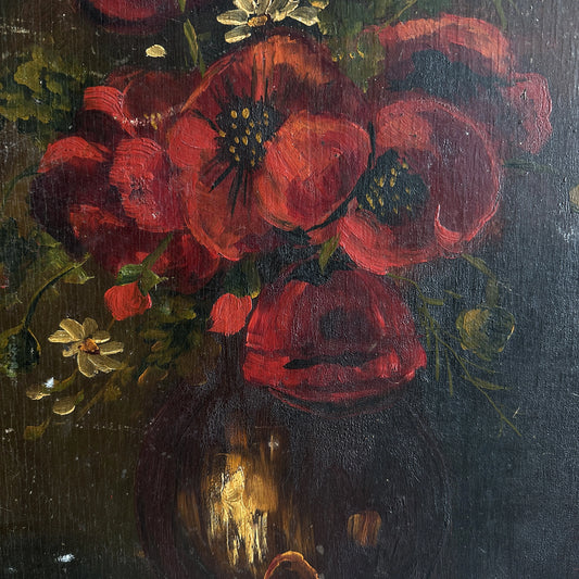 Vintage 1947 Double-Sided Italian Poppy Flower Oil Painting - 15"x19"