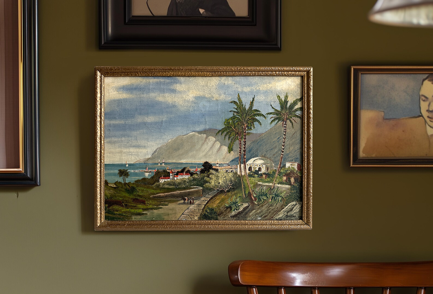 Vintage 1919 Mediterranean Landscape Oil Painting - 17.3"×13.4"