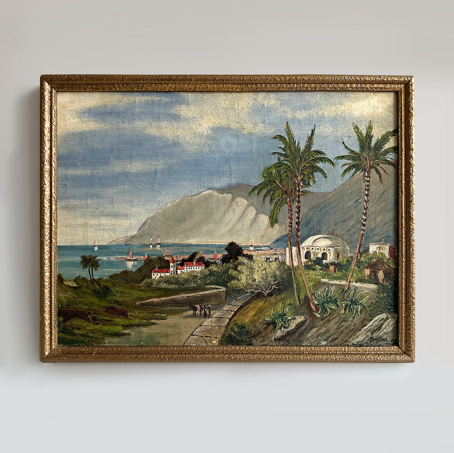 Vintage 1919 Mediterranean Landscape Oil Painting - 17.3"×13.4"