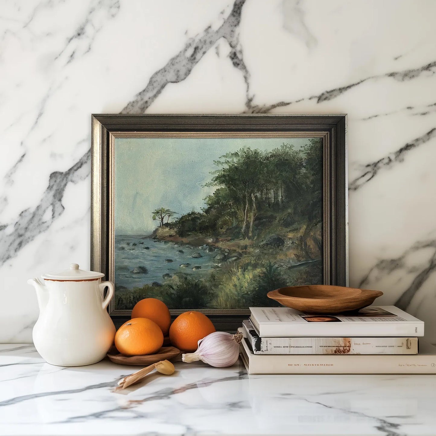 Vintage 1940s Coastal Landscape Mixed Medium Painting - 18" x 15.4"