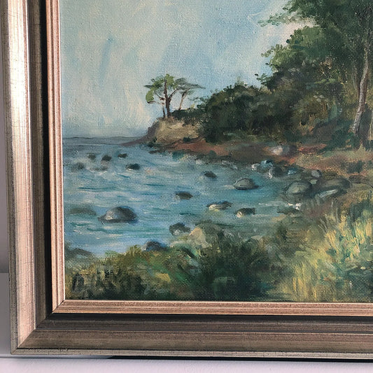 Vintage 1940s Coastal Landscape Mixed Medium Painting - 18" x 15.4"