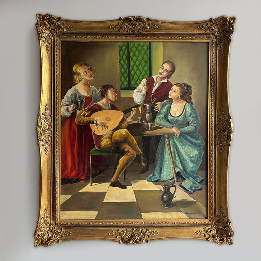 Vintage 1968 Renaissance-Style Musicians Oil Painting - 24.8" x 29"